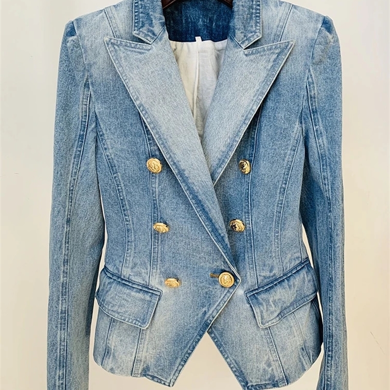 HIGH STREET Latest 2024 er Jacket Womens Slim Fit Double Chest Lion Button Denim Jacket 241206bj