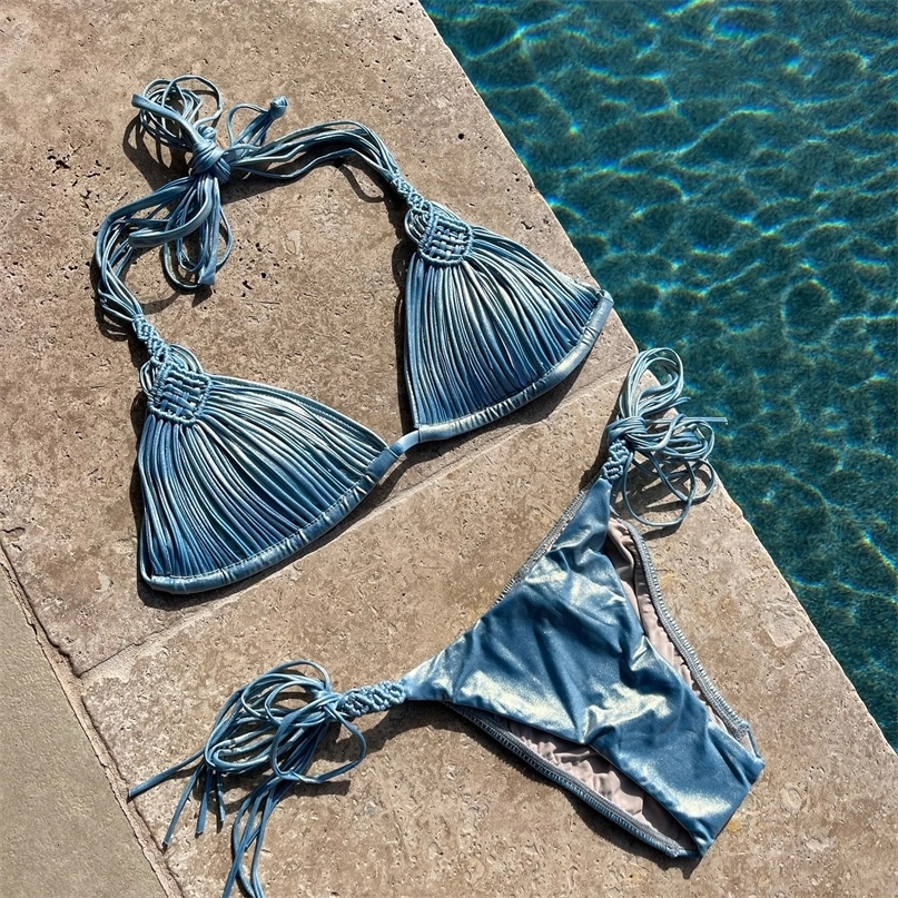 Sexy Braid Bikini Swimsuit Brazilan Bikini Set Swimwear for Women High Leg Halter Two Piece Bathing Suits Summer Female 250319
