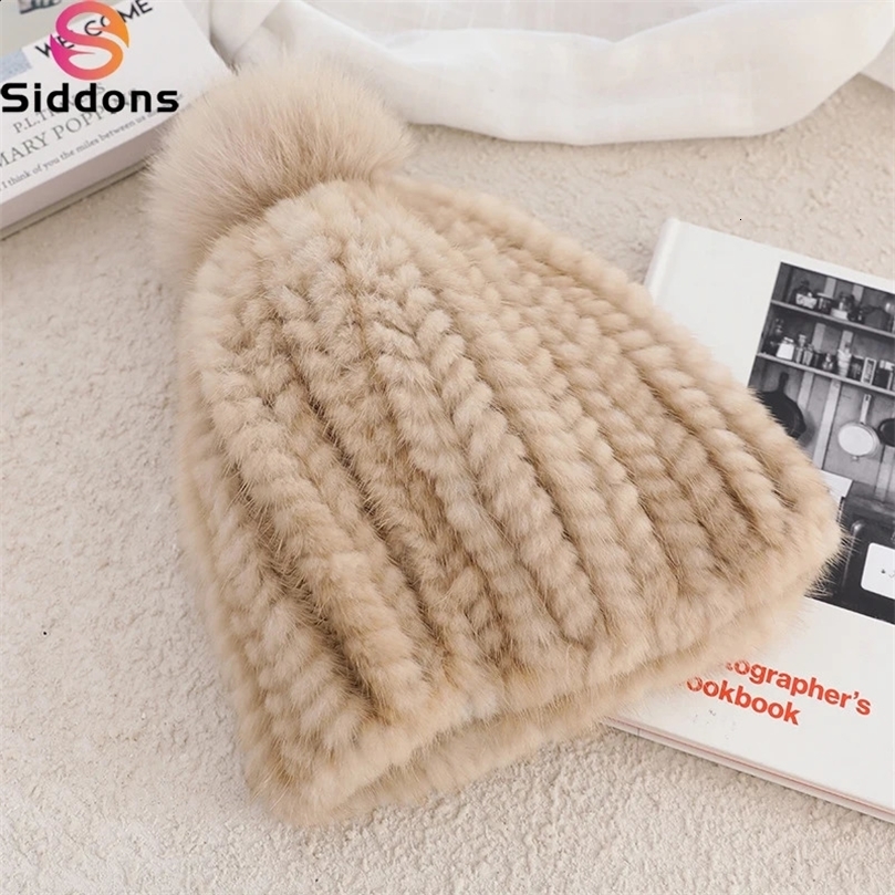 Real Mink Fur Hat For Women Brand Thicken Female Caps Ladies Winter Knitted Beanies With Fox Pompoms 241220
