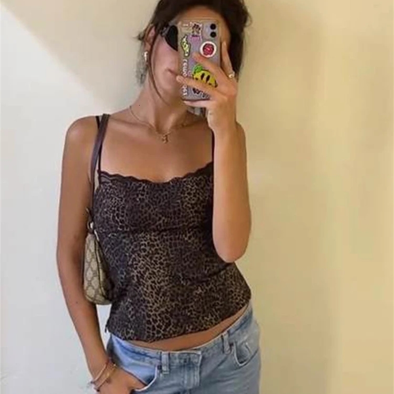 Sexy Leopard Women Tank Y2k Streer Sleeveless Backless Female Crop Tops Summer Fashion All-match Lace Zipper Lady Vest 240415