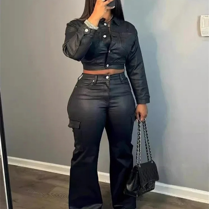 CM. YAYA Artificial Leather Womens Set Single Chest Jacket and Shining Pants Set 2024 Autumn/Winter Two Piece Set 241206bj