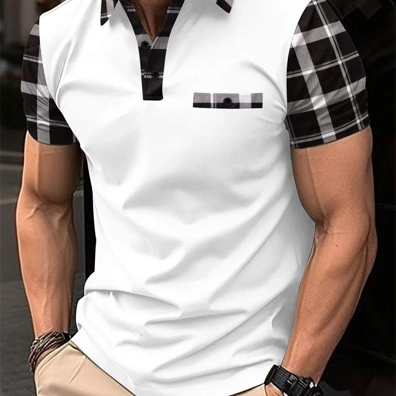 Mens short sleeved polo shirt mens sports casual loose and fashionable mens striped white top 250410