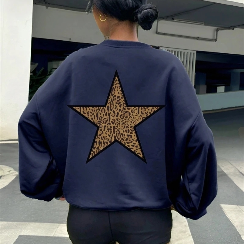 Street Womens Sweatshirts Leopard Star Prints Graphic Pullover Fashion Oversize Long Sleeves Hoodie Warm Fleece Female Clothes 250122