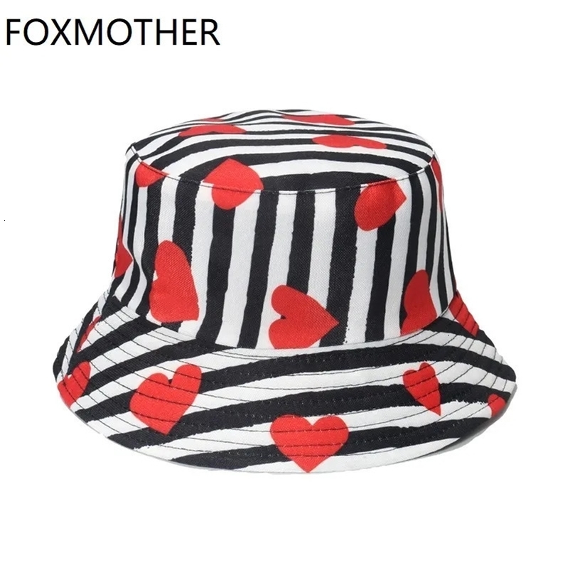 Wide Brim Hats Bucket FOXMOTHER Fashion Reversible Stripe Love Hat Summer Sun Womens Fisherman Valentines Day Gift 231006bj