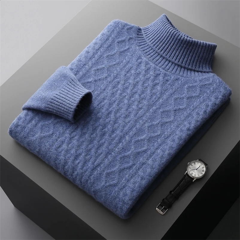 Autumn and winter mens 100% wool cashmere sweater turtleneck knit pullover thick plus size bottoming shirt fashion warm top 240729