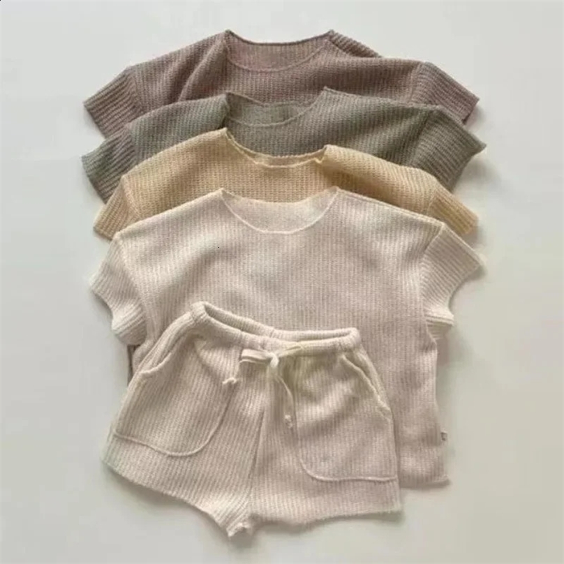 Korean Version Summer Kids Baby Girls Boys Short Sleeve Solid Top Tees Shorts Pants Infant Cute Pure Cotton Loose Clothing Set 250305