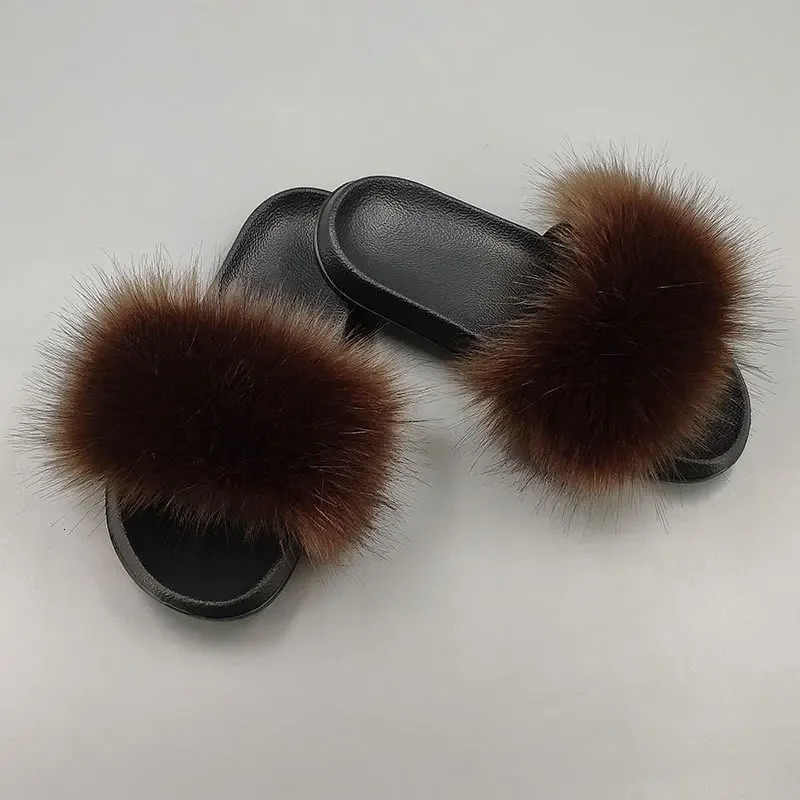 Women Summer Casual Fluffy Slippers With Fur Flat Non-Slip Real Fox Fur Furry Slides Large Size Shoes Fur 250814