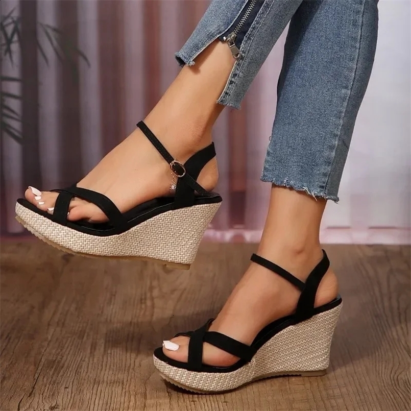 Summer High Quality Womens Shoes Fashionable Solid Color Open Toe Womens Sandals One-Buckle Strap Wedge Womens High Heels 250122