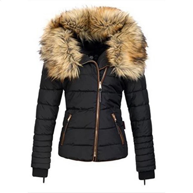 Womens fur collar warm jacket thick solid color slim fit casual fashion version autumn winter style warm jacket 240826bj