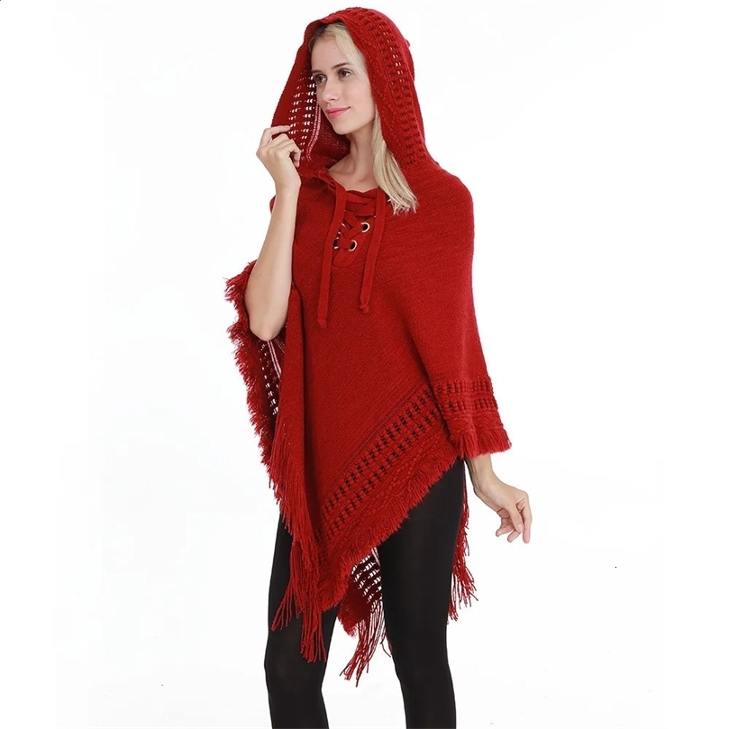 Spring Autumn Women Winter Knit Hooded Poncho Cape Crochet Fringed Tassel Shawl Wrap Sweater Even Hat Girls Keep Warm Red 241105
