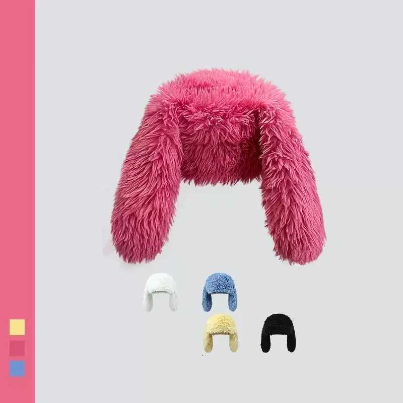 New Rabbit Ears Beanies Korea Ins Niche Cute Rose Red Plush Pullover Cap Winter Warm Keeping Funny Photography Womens HatsXJ250923