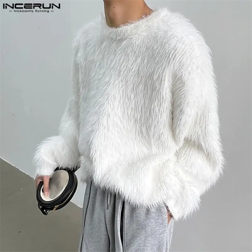 INCERUN Tops Korean Style Handsome Mens Loose Faux Plush Fabric Pullover Casual Streetwear Solid Long Sleeved Sweater S-5XL 240729