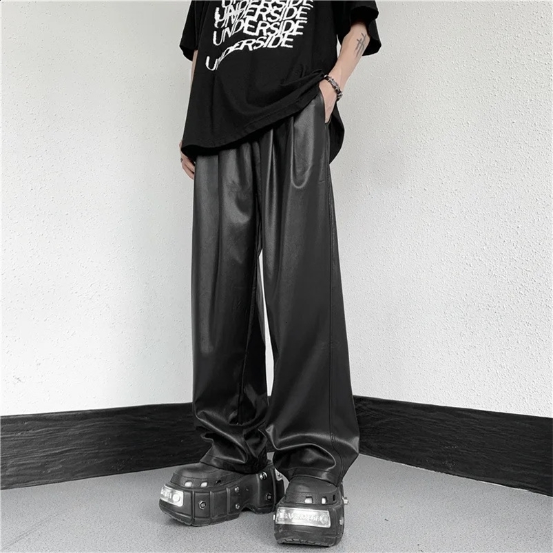 Pantaloni da uomo a molla e autunno dritti semplici pantaloni in pelle per le gamba larga e elastico 240816
