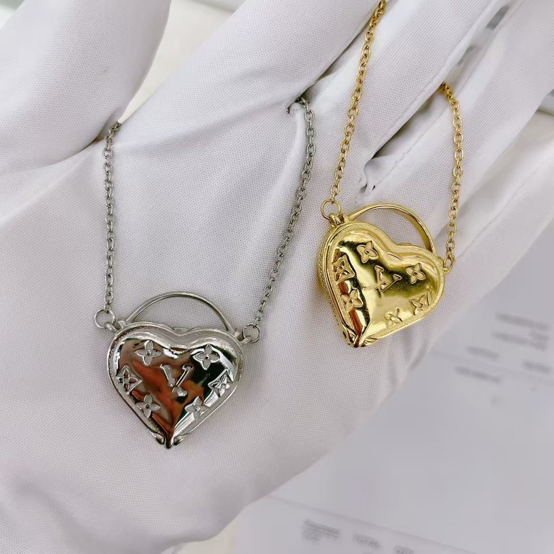 Luxury designer logo engrave girls 3D heart lock flower diamond tassel pendant necklace 18K Gold Silver 316L stainless steel branded engrave women w