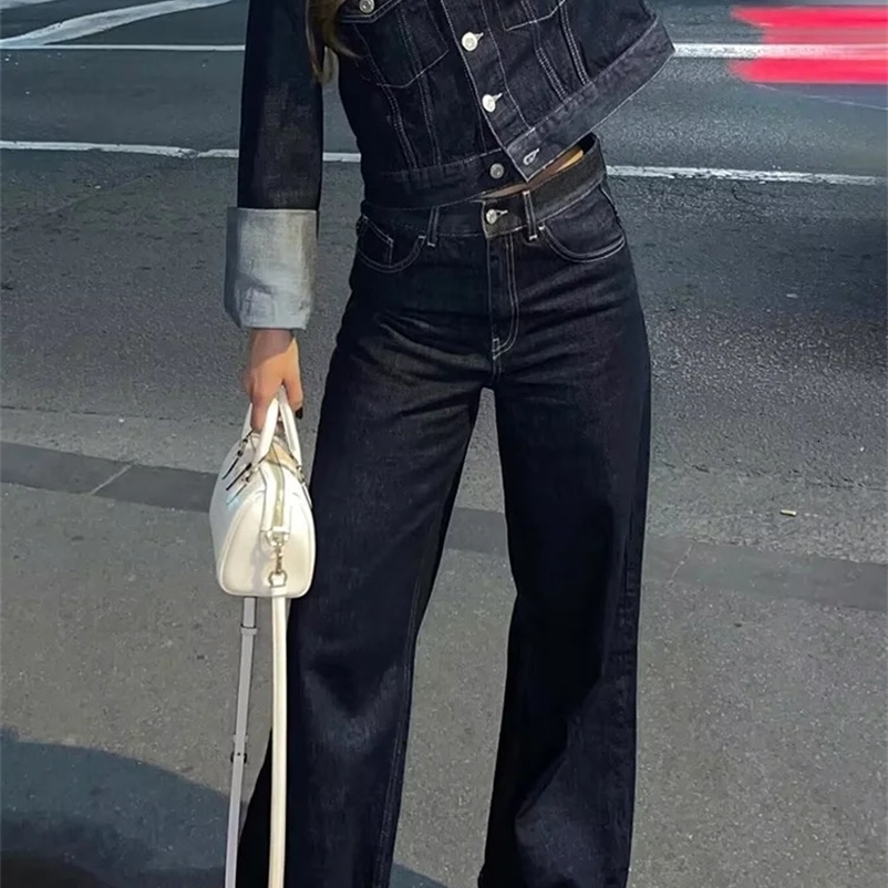 Womens tight denim suit fashion collar single chest jeans jacket cut long sleeved jacket womens wide leg loose jeans TRAF 241206bj