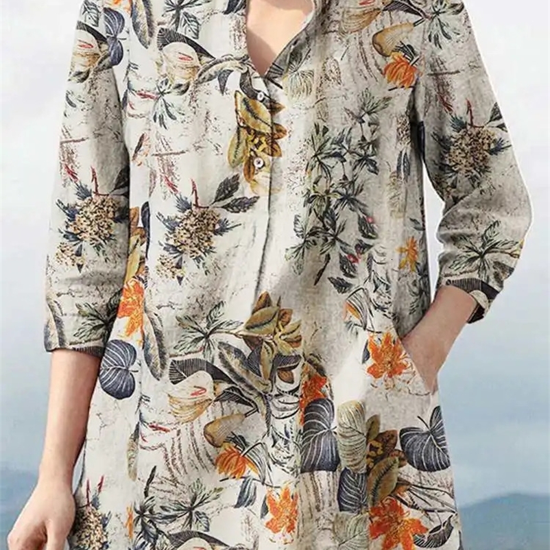 ZANZEA Bohemian Summer Flower Printed Top Womens Retro Shirt Cotton Blue Casual V-neck 3/4 Sleeves OL Work Shirt Oversized 241206bj