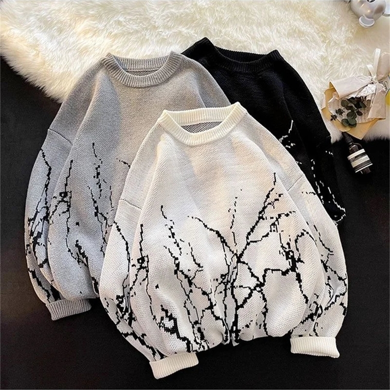 Y2K Spring Autumn Casual Sweater Round Collar Pullover Mens Clothing Fashion Printing Top Loose Knitwear Hombre 240914
