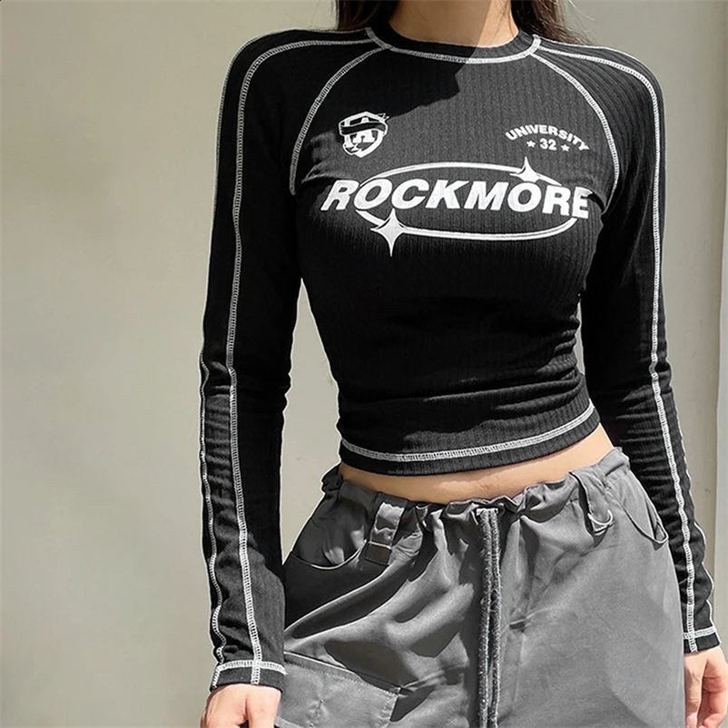 Womens Spring Black Fashion Street Clothing Long Sleeve O-neck Street Clothing Crop Printed Top Casual Slimming Womens T-shirt 240822bj