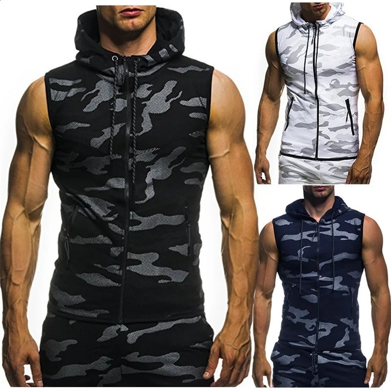 Mens Camouflage Vest Spring Summer Military Hooded Sleeveless Sweatshirt Male Fashion Clothing gym zipper Running 241230