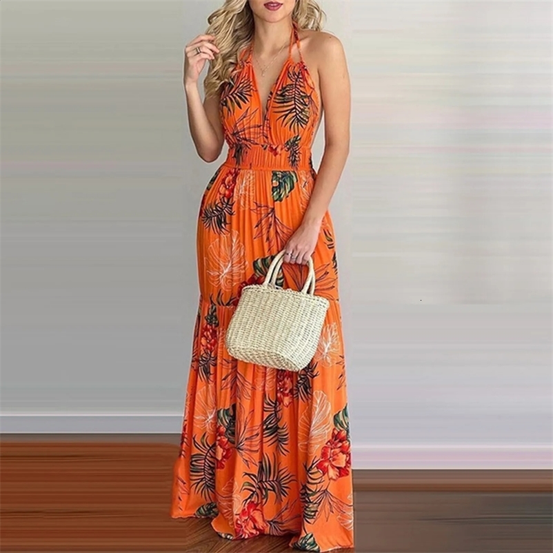 Womens tropical printed camisole backless Maxi dress sexy sleeveless dark V-shaped beach dress fashionable and elegant pleated dress Vestitos250425b