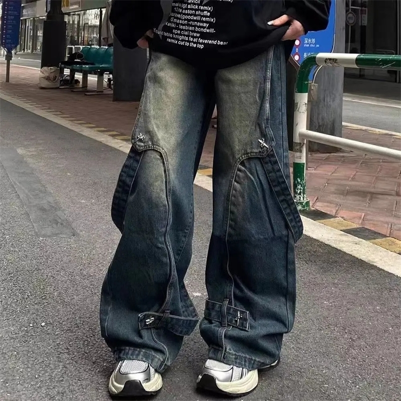 American high street men and women trendy hip-hop loose straight leg jeans for couples personalized wide leg casual pants y2k 240819