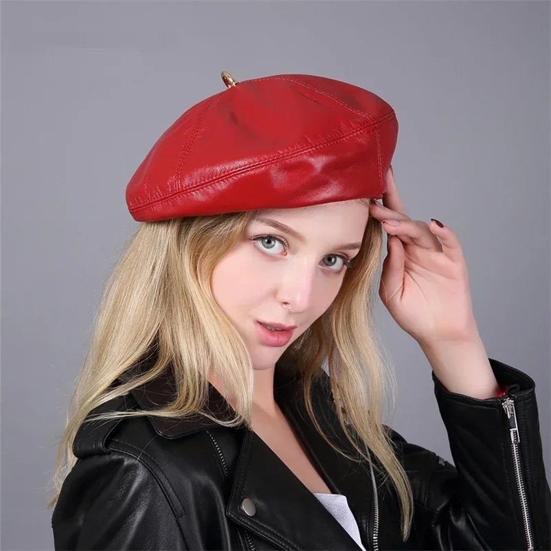 SpringWinter 100 Real Leather Beret Hat Women Fashion European Pumpkin Painter Caps Female Rainbow Color WhiteRed Thin Boina 240603bj