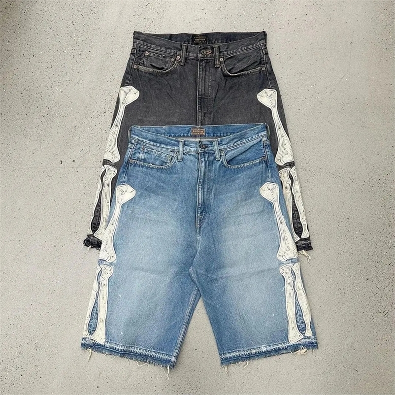 Harajuku Street trend Y2K bone stitch embroidery five point jeans mens loose straight pants washed blue jeans summer mens shorts 250121
