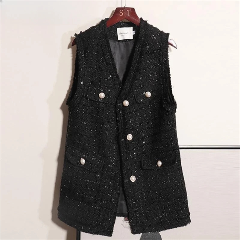 Womens Spring Autumn Loose Casual Waistcoat Female Sequined Tweed Vest Coats Ladies V-neck Sleeveless Jackets W748 240823
