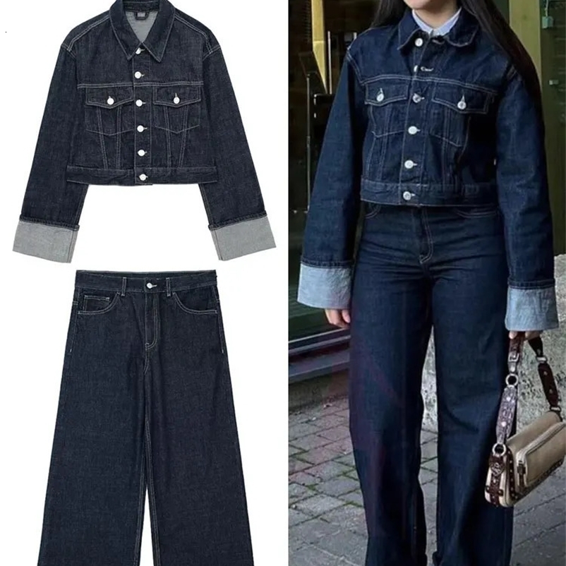 TRAFZA Womens Retro Denim Jacket Pants Set Single Chest Collar Long Sleeve Coat Wide Leg Trouser Jeans High Street Outfits 241206bj
