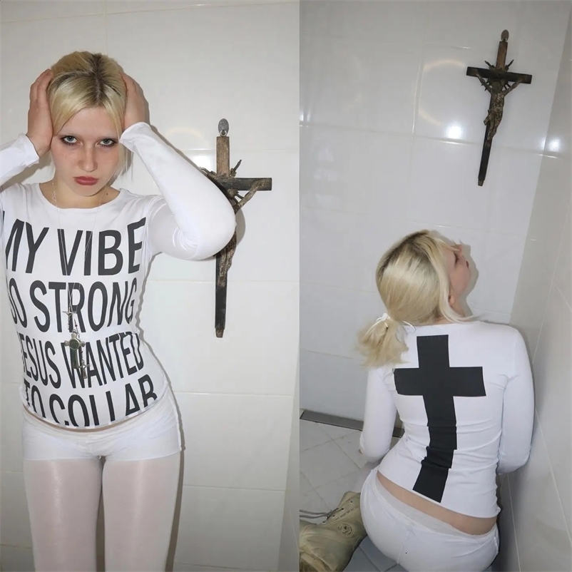 Vintage Y2k Womens T-shirt White Trash monogram print Cross Pattern Long sleeve T-shirt Harajuku Aesthetic Street American emo250411bj