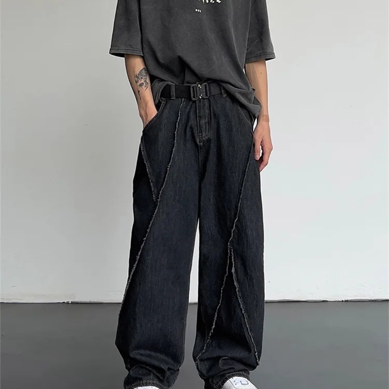 Maschili per jeans dritti di uomini hip hop primavera e autunno strappato in denim maschio allacciata casual tendenza pantaloni streetwear 240819