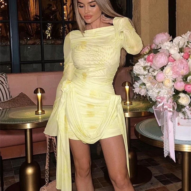 Cute Womens Printed Mini Dress Sexy Long Sleeve Halter Lace-up Slim Dresses A-line Midnight Party Vestidos Streetwear 250113