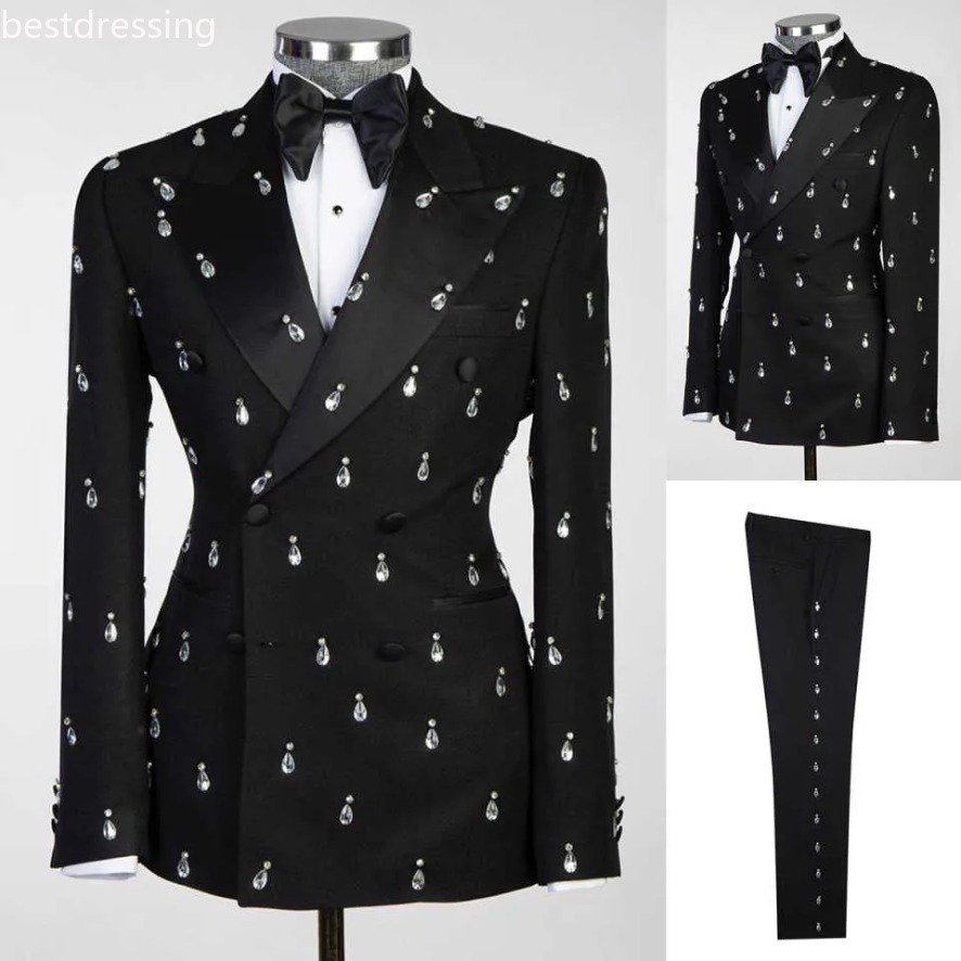 Slim Fit Rhinestone Men Two Pieces Sets Pants Coat Peaked Lapel Wedding Tuxedos Double Breasted Business Formal Groom Wear Custom Made 0923