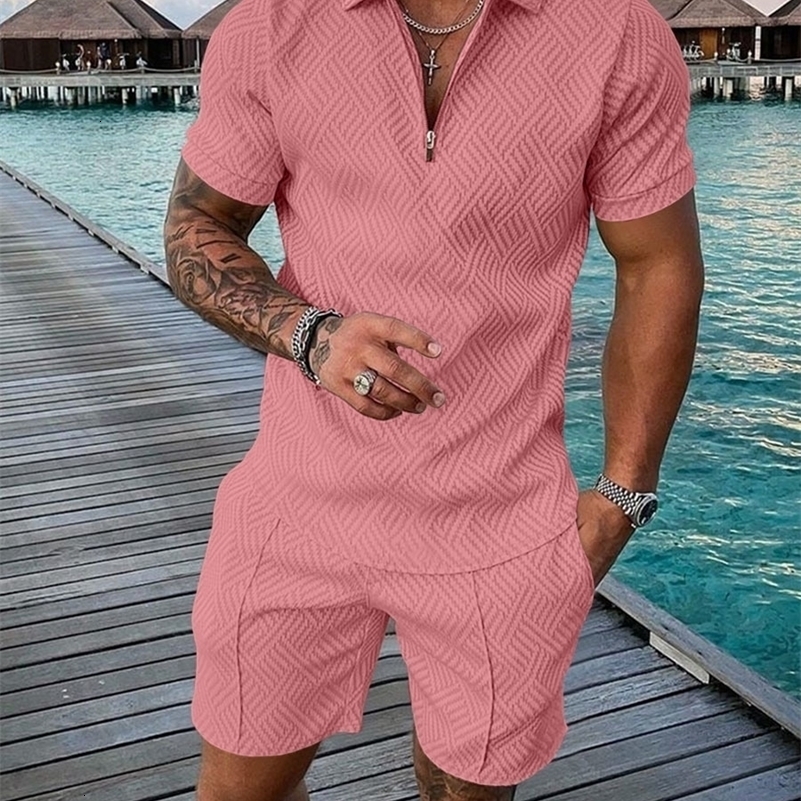 Mens Summer Solid Color Zipper Casual Lapel Short Sleeve Set 3D Retro Polo Shirt Street T-shirt Shorts Sports Two Piece Set 240820