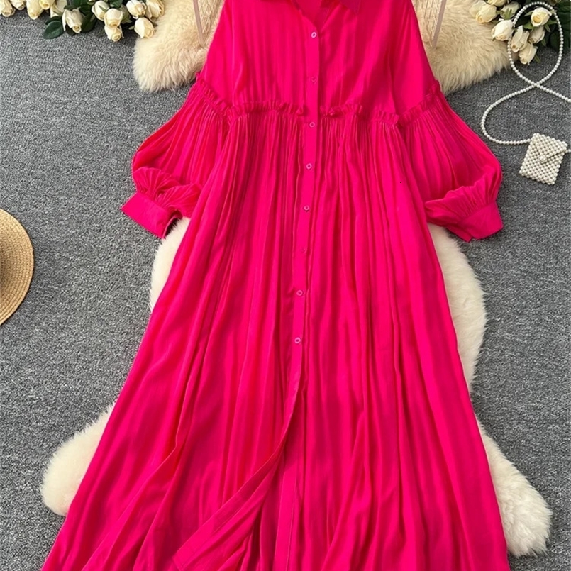 SINGREINY Spring Vintage Loose Dresses Women Lantern Sleeve Turn-down Collar Solid Single Breasted Casual Folds Long Dress 250326