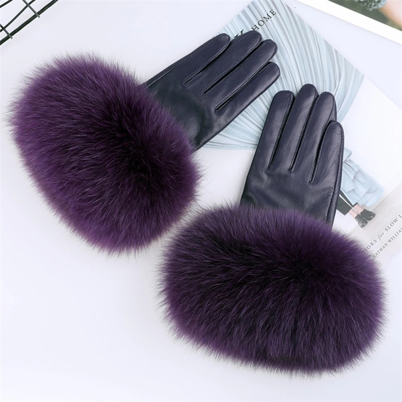 Sheepskin Natural Fox Fur Decorative Gloves Womens Genuine Leather Wrist Warmth Winter Fashion Wool Lining 240911