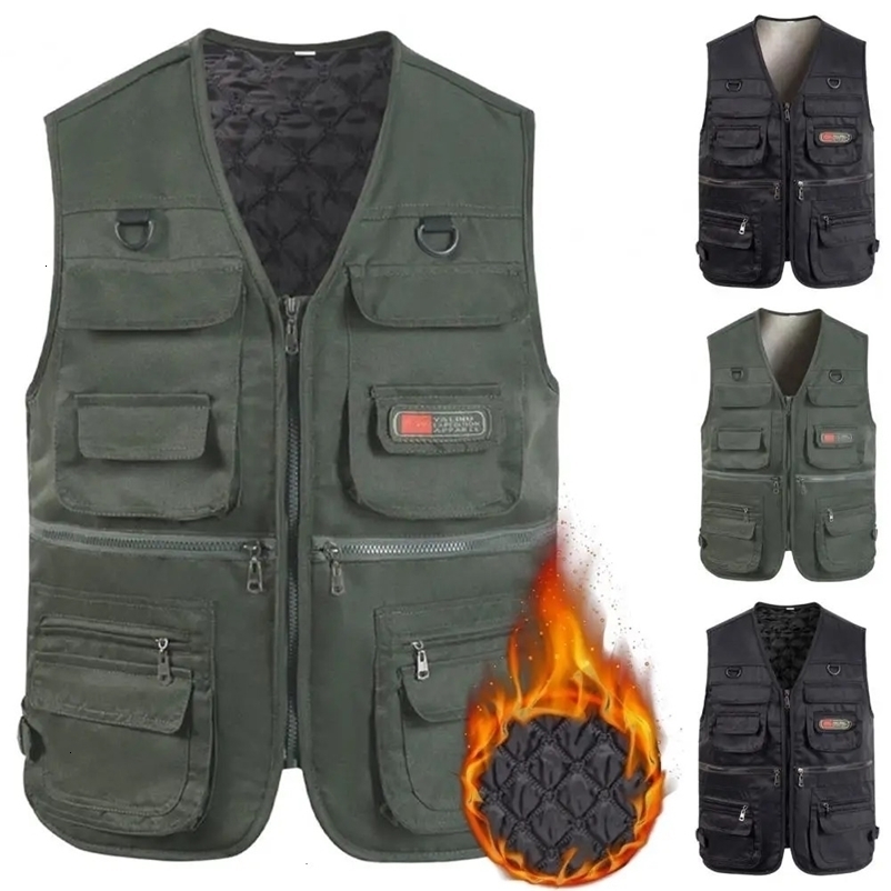 Life Vest Buoy Winter Fishing Vest Multi Pockets Sleeveless Solid Color Thicken V Neck Keep Warm Cardigan Plus Size Men Winter Vest for Trip 231201