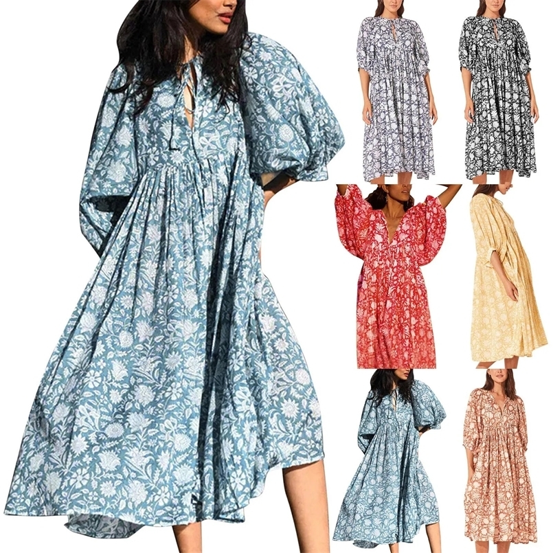 Female Dresses Outfits Floral Fashion WomenS Loose Large Size Casual Dress Mid Sleeved Summer Dress Sleeved Woman Clothing 250326
