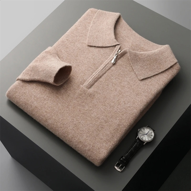 Autumn and Winter 100% Merino Wool Cashmere Sweater Mens Pullover Casual Loose POLO Knitted Bottom Shirt Jacket Shirt 240914