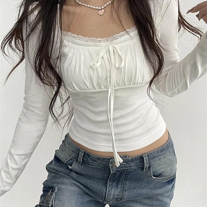 Rockmore lace patchwork Kawaii T-shirt long sleeved spring and autumn womens slim fit casual square collar basic bottom pull top 250425