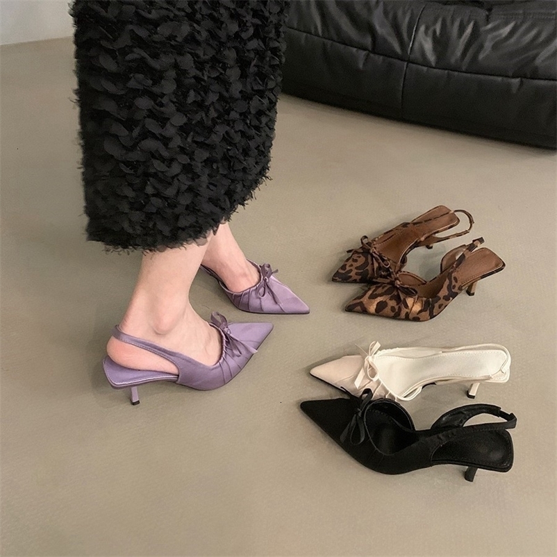 Niche high heels leopard print toe sandals fairy shoes 2024 new summer style pointed bow single shoes 240827bj