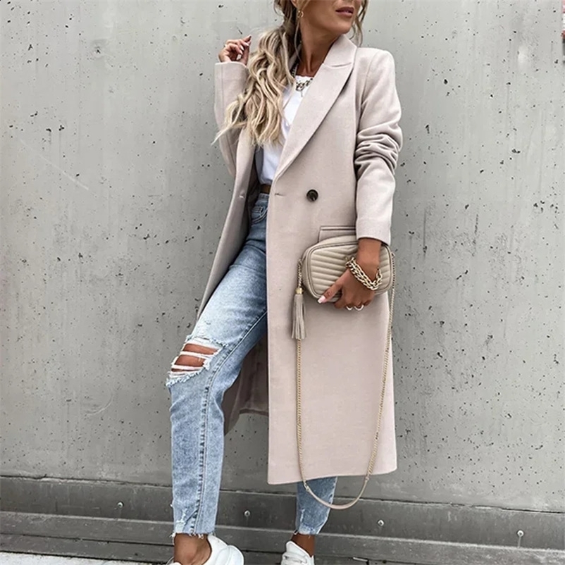 Fashion Elegant Women Long Overcoat Autumn Winter Turn-Down Collar Woolen Coat Tops Office Lady Casual Loose Outwear 240729