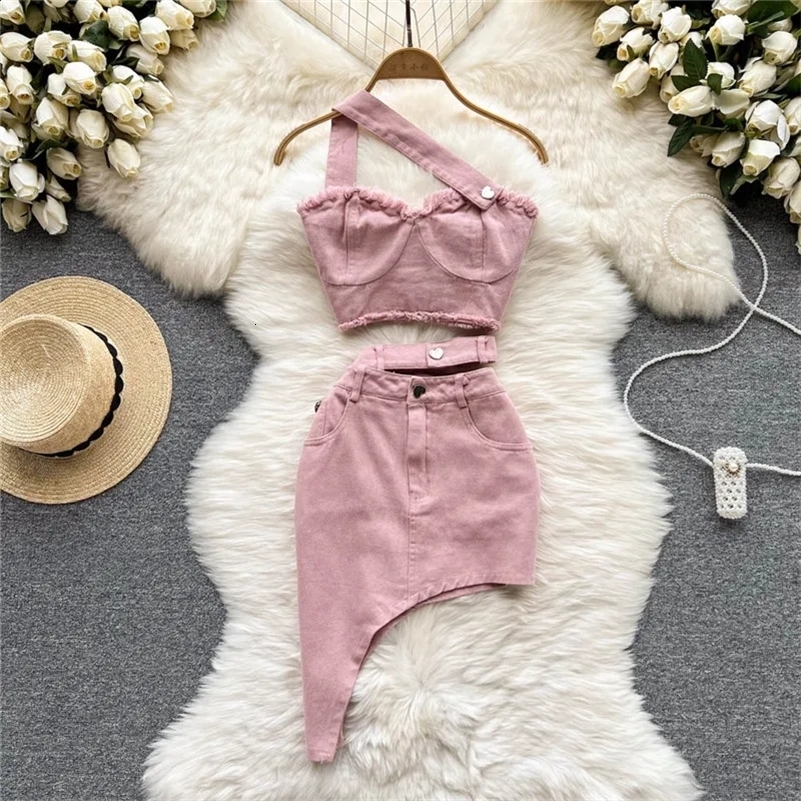 Amolapha Womens Summer Sexy 2-piece Sets Sleeveless Strapless Denim TopsHigh Waist Irregularity Jeans Skirts Suits 250207