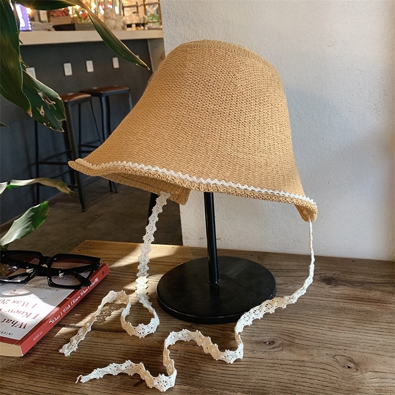 Wide Brim Hats Bucket Korea Womens Sun Straw Hat Foldable Fashion Panama Summer Women Lace Outdoor Travel Beach Protection Cap 230515