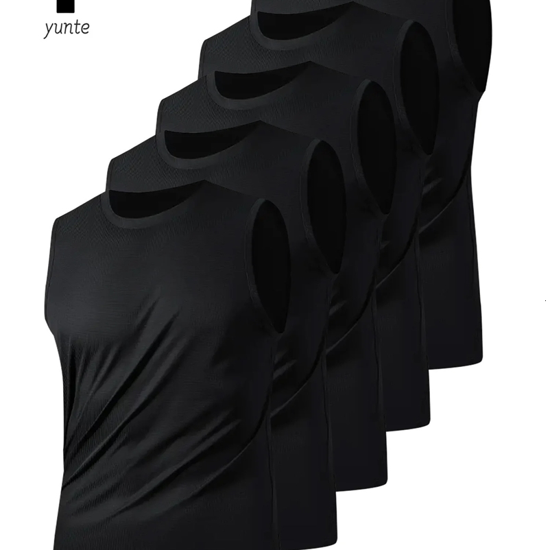 Mens Sports Vest Black 5-Piece Breathable Round Neck Slightly Elastic Fabric Pure Color Suitable for Spring Summer and Autum R250214bj