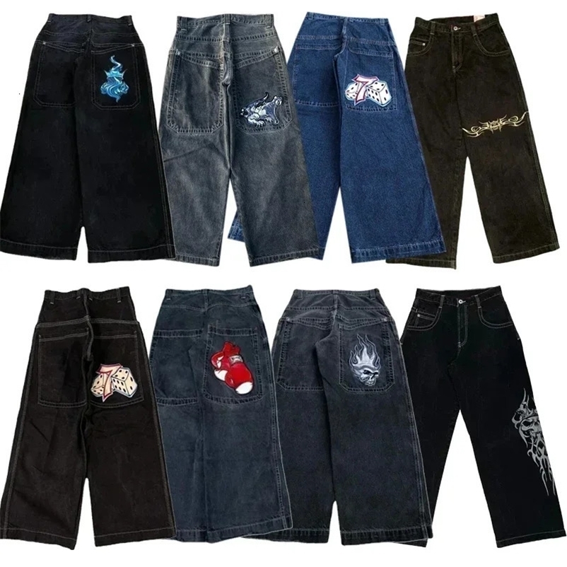 Y2K pocket jeans mens retro embroidered high-quality jeans hip-hop gothic street clothing Harajuku womens casual wide leg jeans 250109