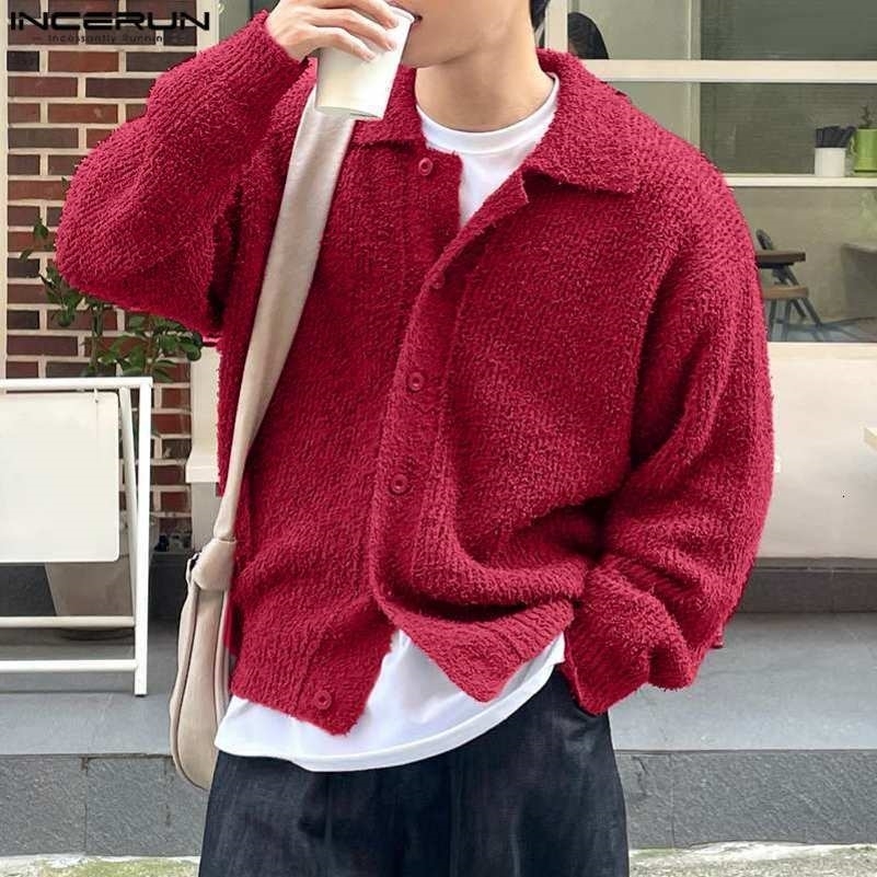 INCERUN Mens Cardigan Solid Knitted Lapel Long Sleeve Button Casual Male Sweaters Streetwear 2024 Fashion Men Clothing S-5XL 240816