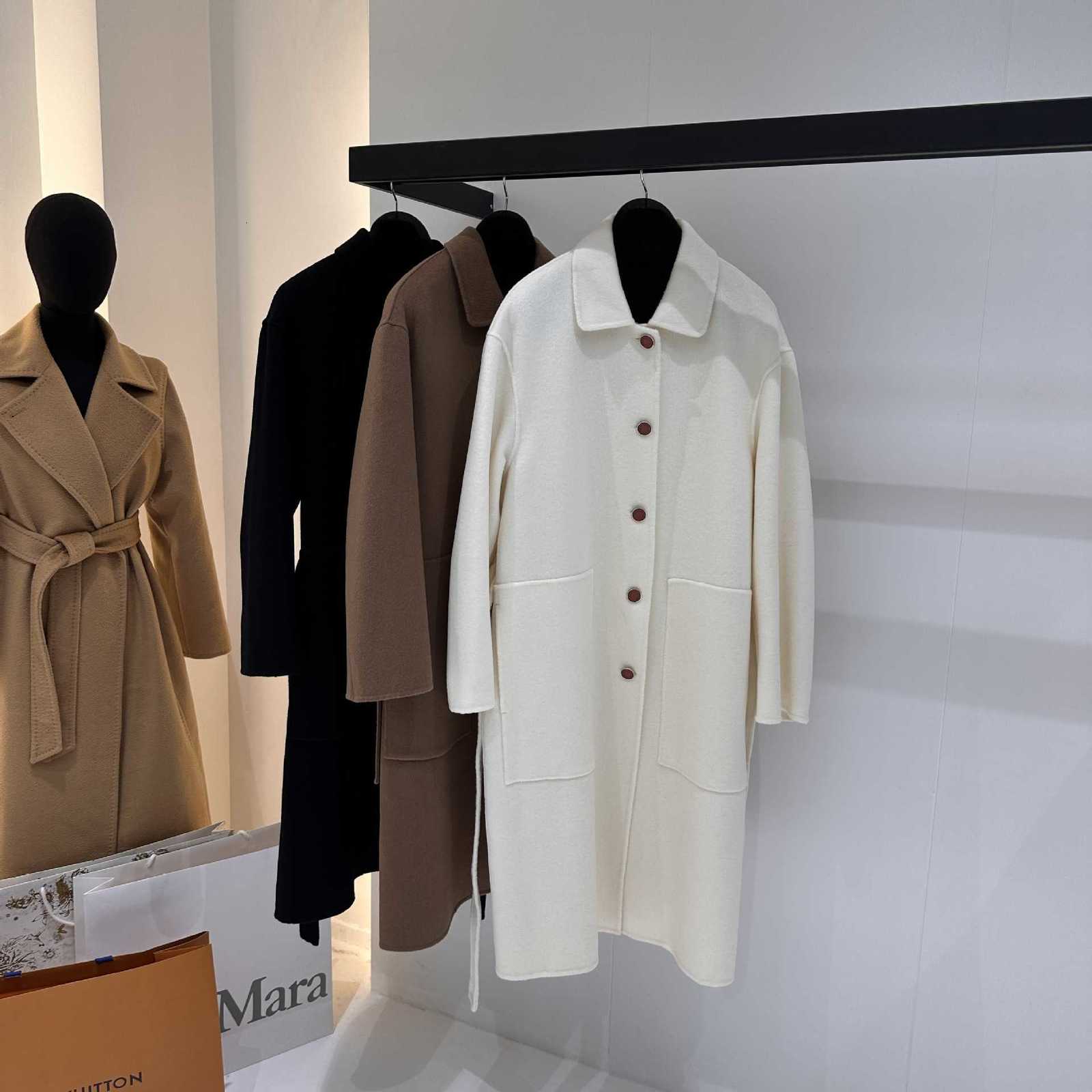 Women's Wool & Blends Designer H25 Autumn Winter New Solid Color Double-Sided Cashmere Coat Double-Sided Wool Long Belted Jacket Love Horse HES