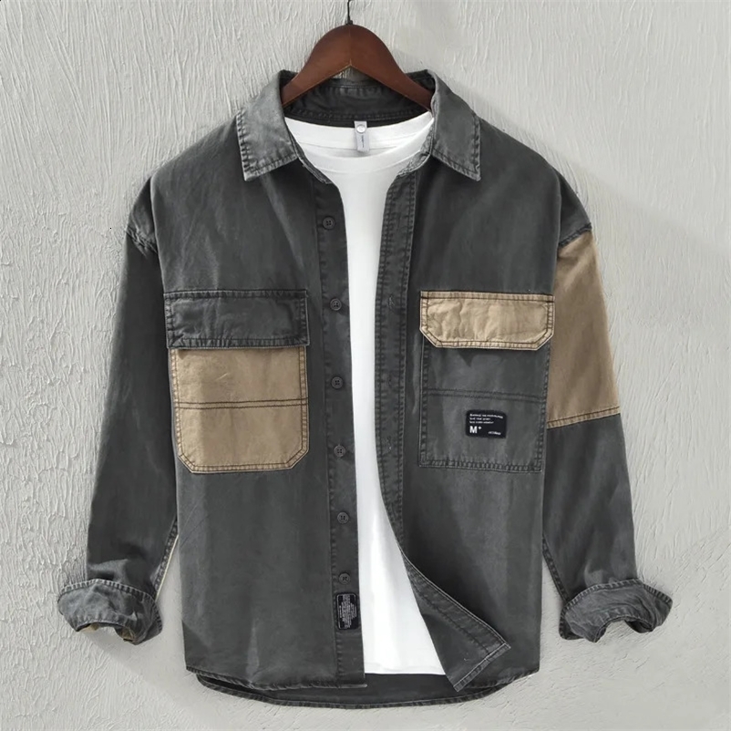 Contrast Color Patchwork Mens Cargo Shirt Loose Casual Cotton Vintage Long Sleeve Tops Spring Autumn Japan Style Lapel Blouses 240827