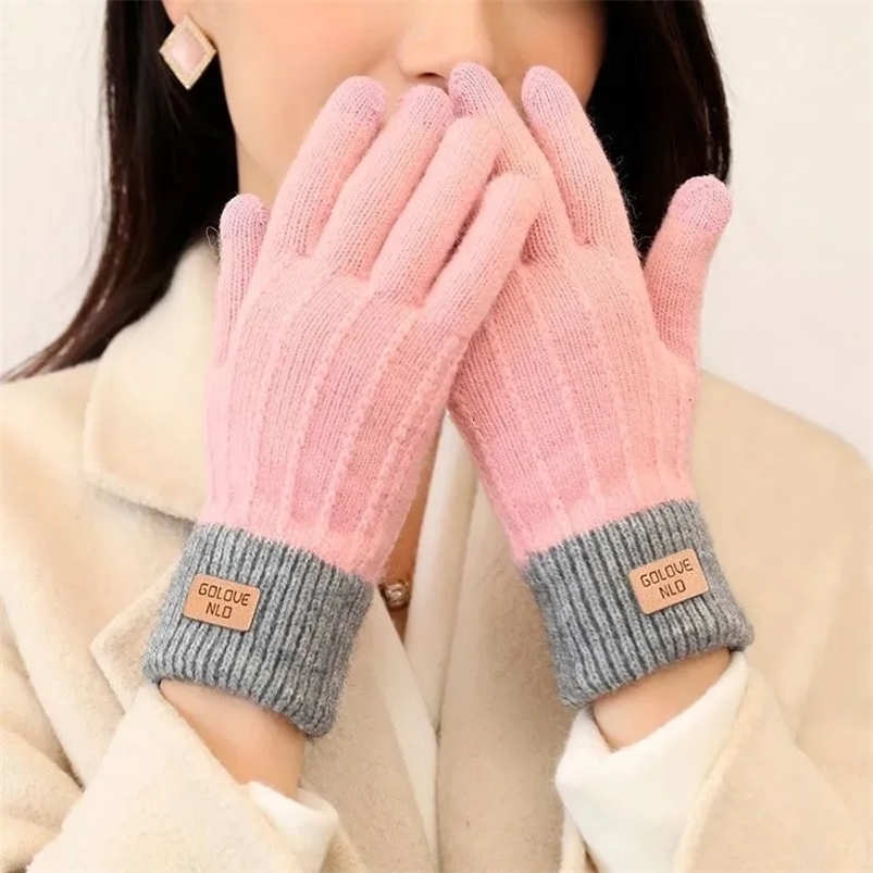 Five Fingers Gloves Cashmere knitted touch screen gloves women's autumn and winter warm men's outdoor anti-freeze plus fleece thickened 23